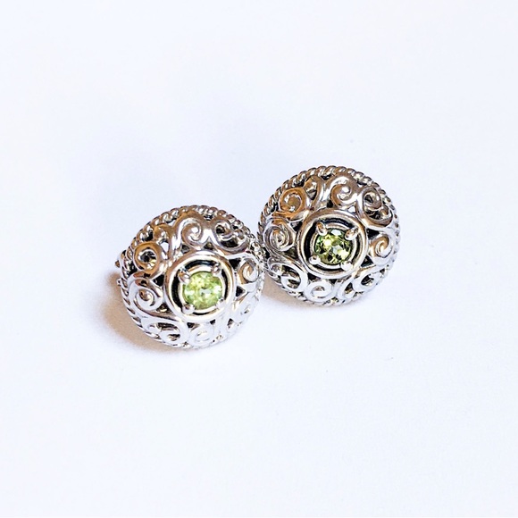 NEW CAROLYN POLLACK Peridot Button Earrings Sterling Scroll Omega NEW IN CP BOX - Picture 2 of 9